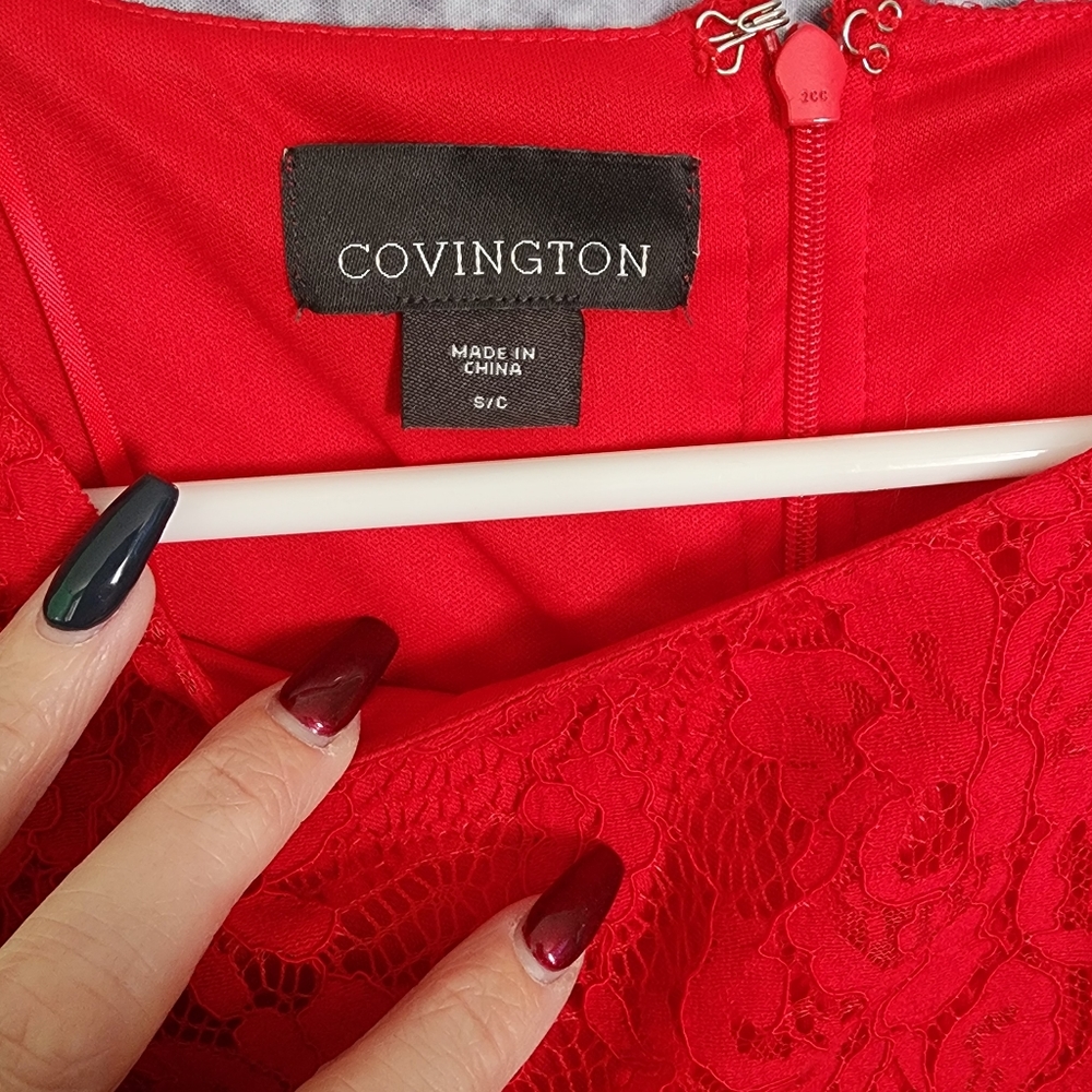 Red Lace Overlay Long Sleeved Dress - S - Picture 2 of 8